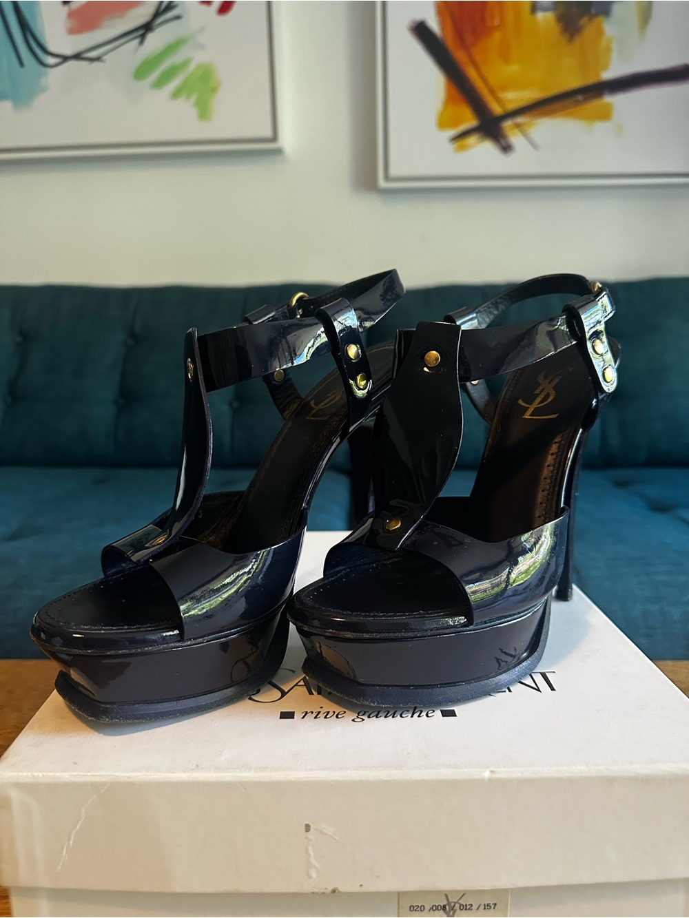 Authentic YSL Saint Laurent Women's Navy Blue Patent Platform Sandals